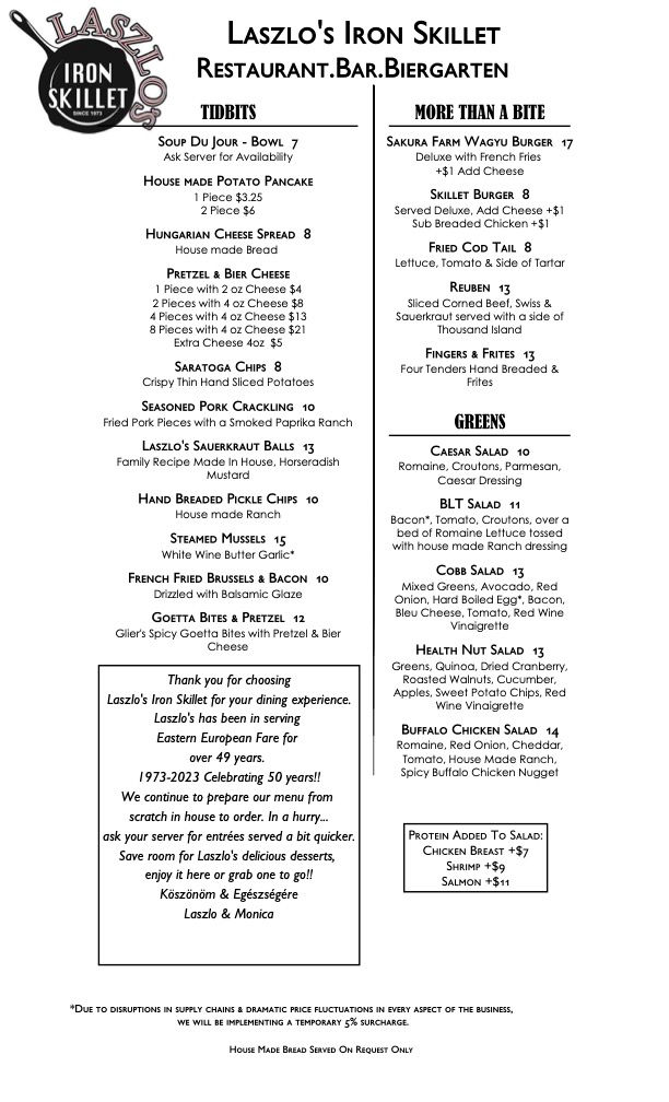 Laszlo's Iron Skillet Menu